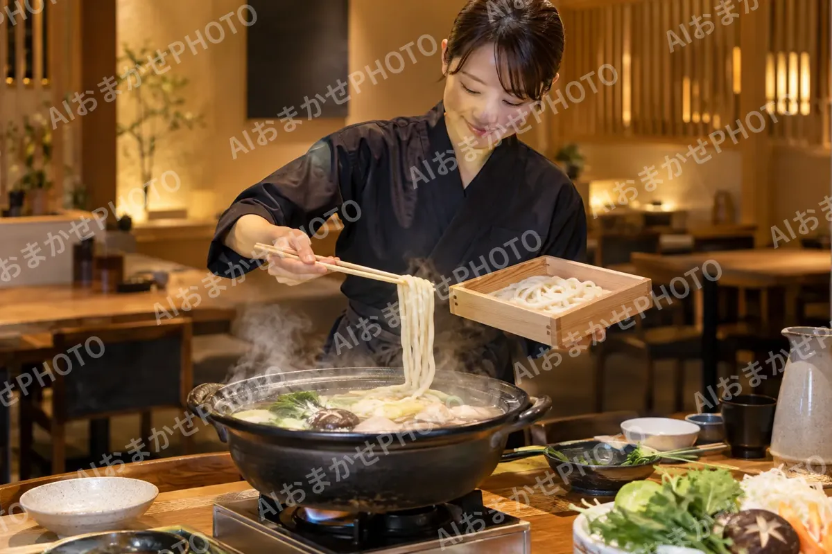 寄せ鍋のしめにうどんを入れる店員（鍋・しゃぶしゃぶ・おでんの写真 No.24）