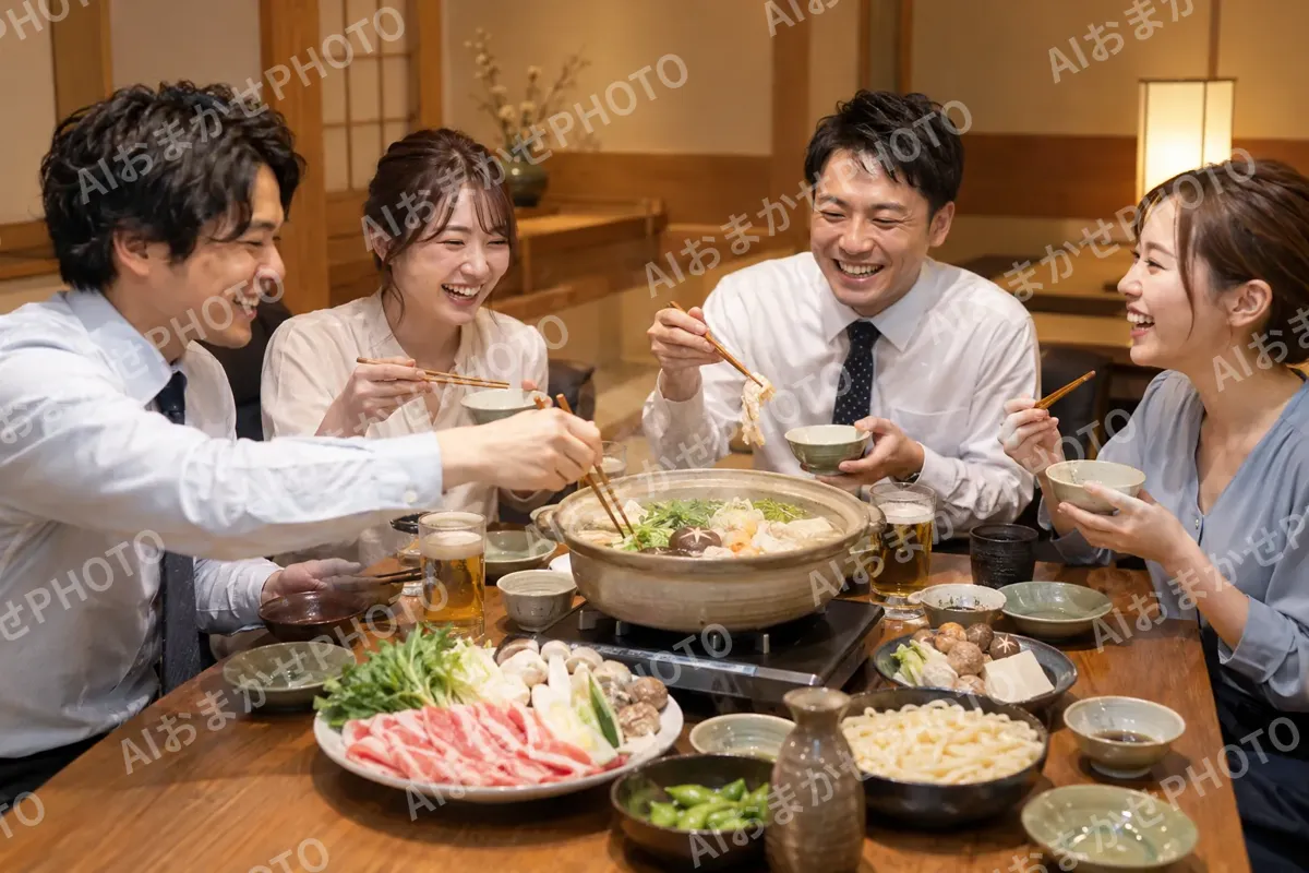 座敷で寄せ鍋を楽しむ会社の仲間（鍋・しゃぶしゃぶ・おでんの写真 No.25）