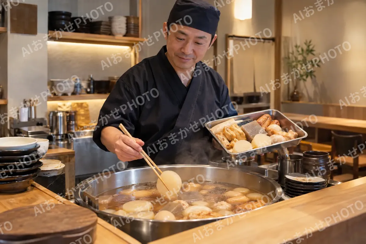 おでんの種を鍋に足す店主（鍋・しゃぶしゃぶ・おでんの写真 No.26）