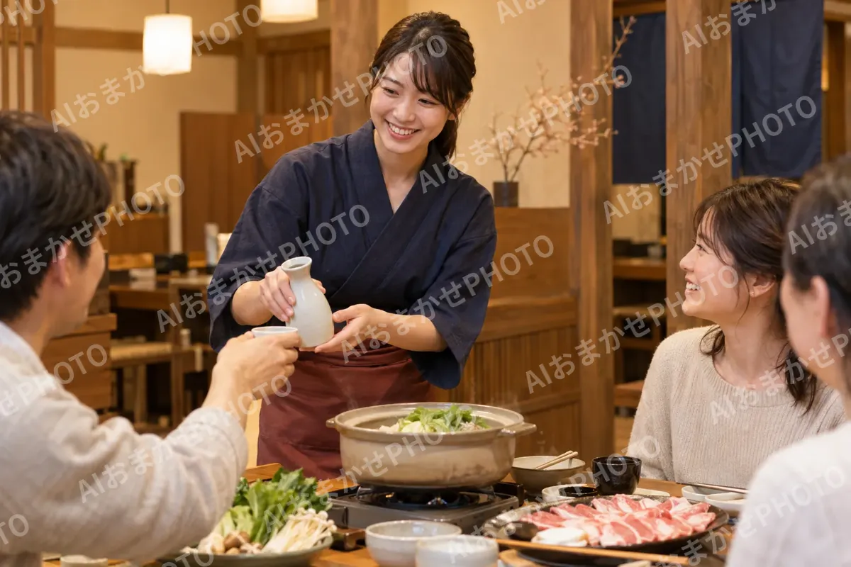 鍋の席に熱燗を運ぶ店員（鍋・しゃぶしゃぶ・おでんの写真 No.27）