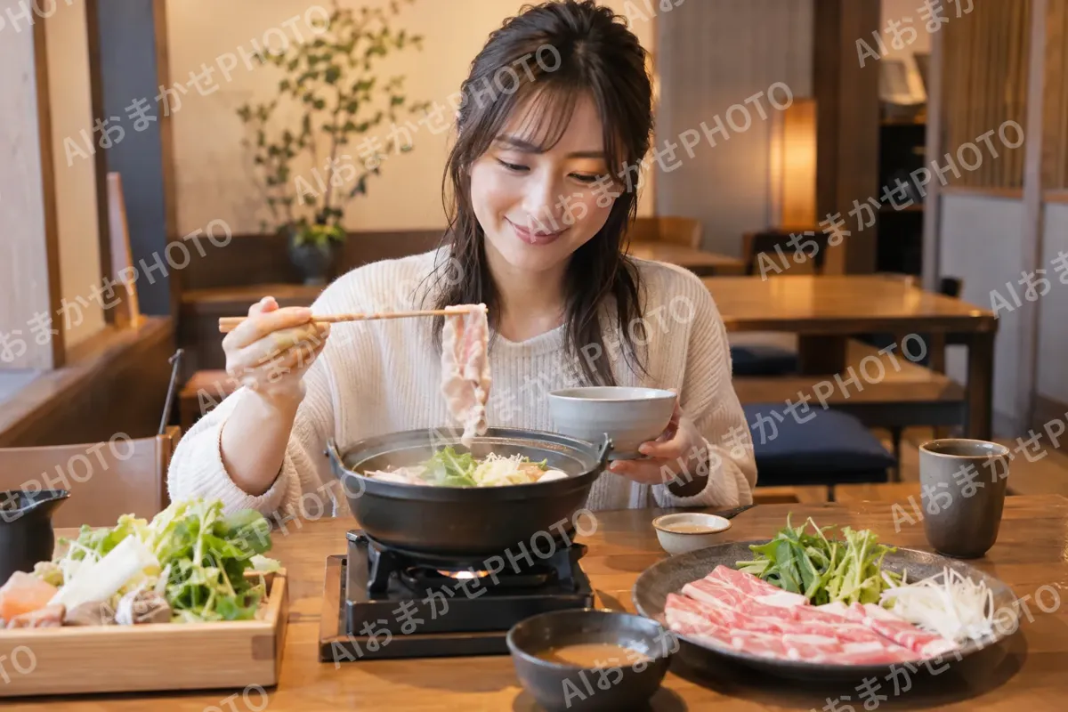 一人用の小さな鍋を食べるお客様（鍋・しゃぶしゃぶ・おでんの写真 No.28）