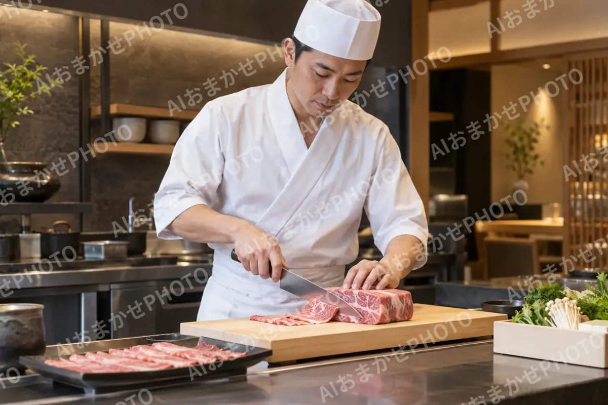 しゃぶしゃぶ用の肉を薄く切る料理人（鍋・しゃぶしゃぶ・おでんの写真 No.29）