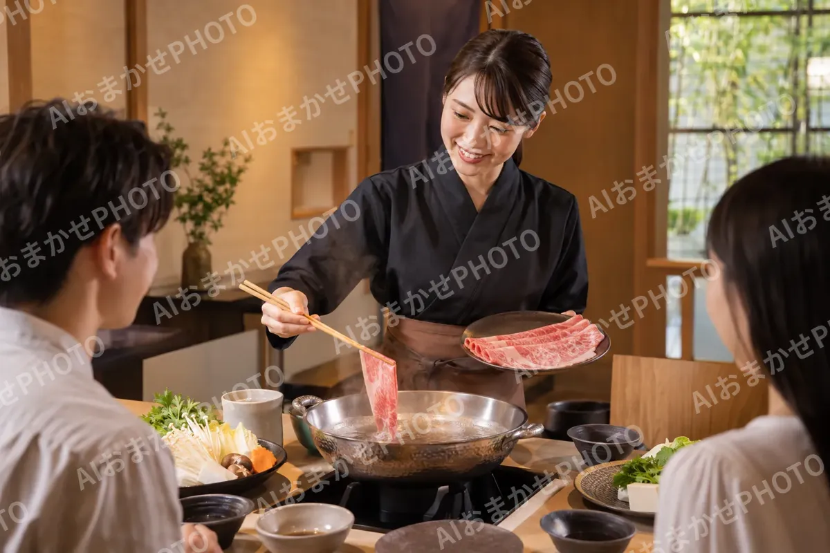 しゃぶしゃぶの食べ方を説明する店員（鍋・しゃぶしゃぶ・おでんの写真 No.30）
