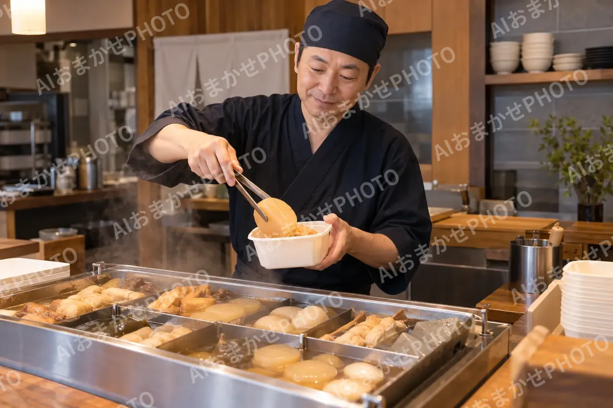 おでんを持ち帰りの容器に入れる店主（鍋・しゃぶしゃぶ・おでんの写真 No.31）