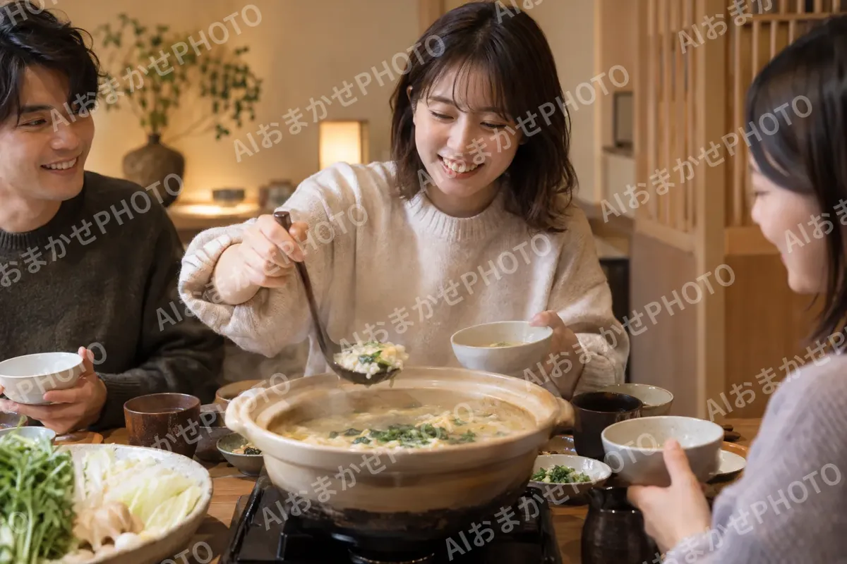 寄せ鍋のしめの雑炊を取り分けるお客様（鍋・しゃぶしゃぶ・おでんの写真 No.32）