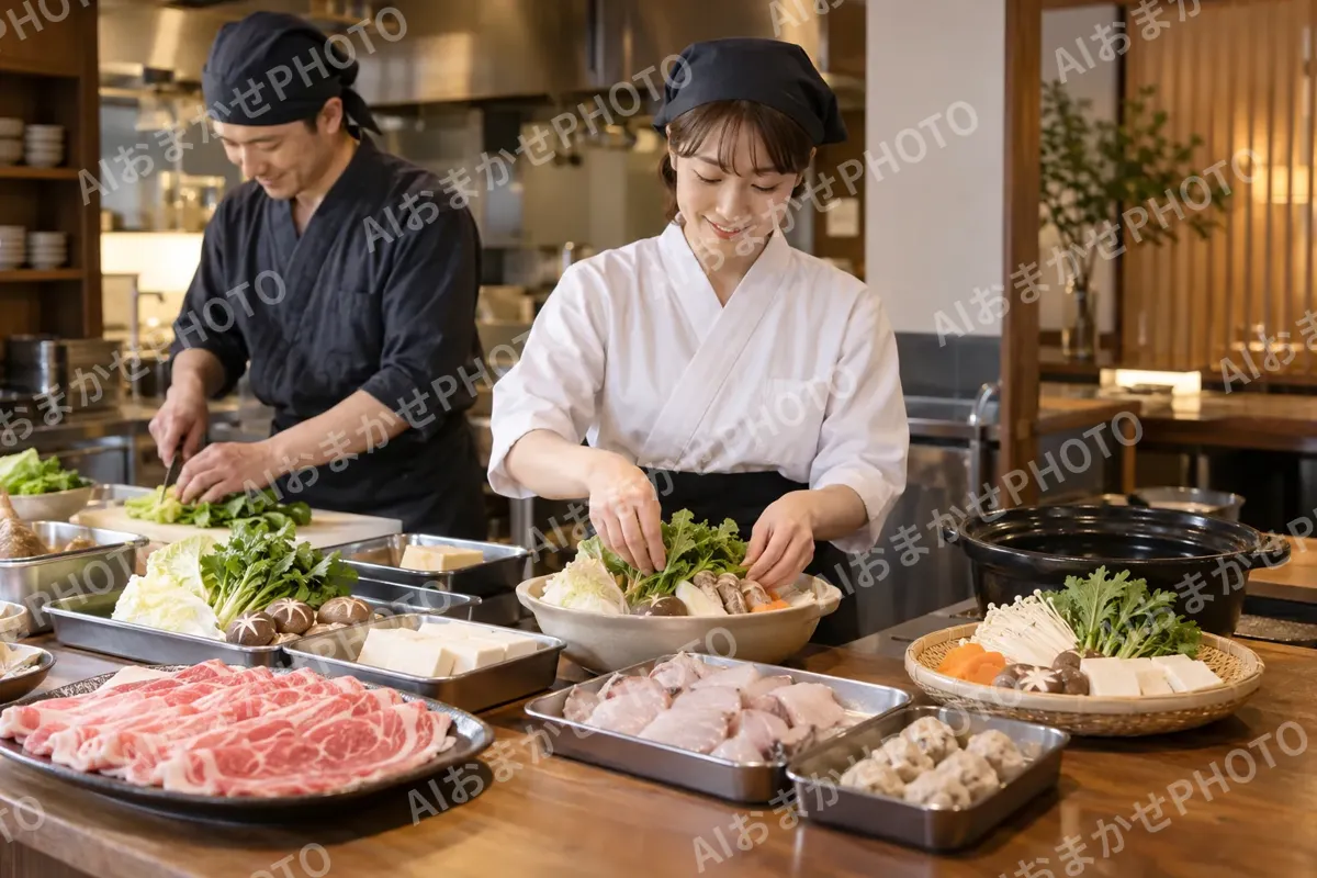 鍋の食材を仕込む料理人たち（鍋・しゃぶしゃぶ・おでんの写真 No.34）