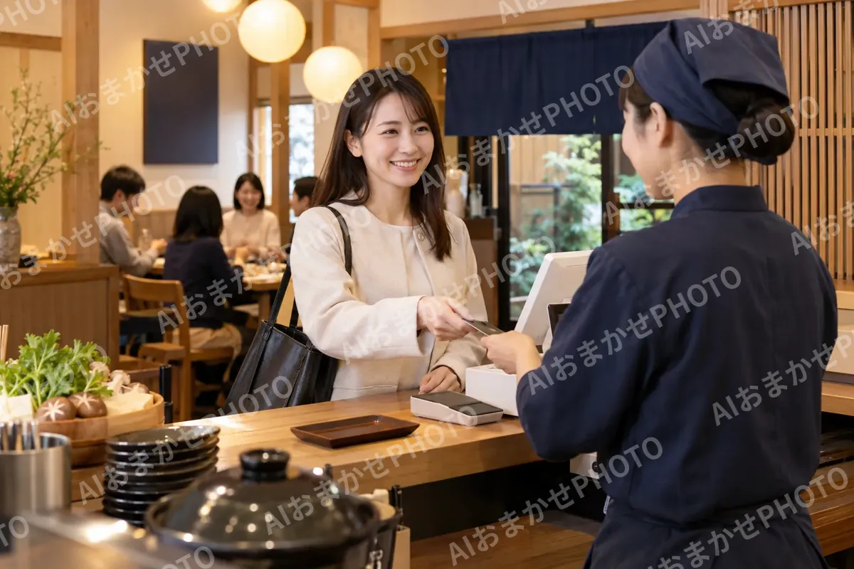 鍋料理の店のレジで代金を払うお客様（鍋・しゃぶしゃぶ・おでんの写真 No.35）