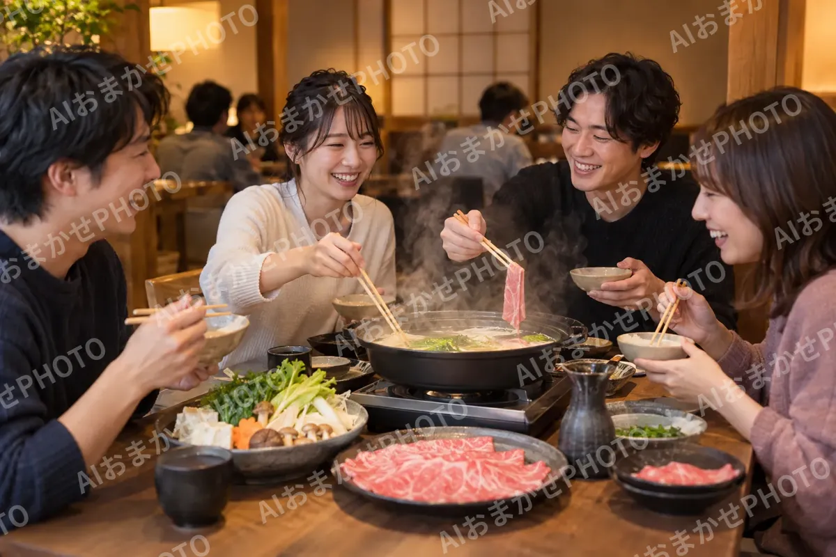 鍋の湯気が立つ店の中のお客様たち（鍋・しゃぶしゃぶ・おでんの写真 No.36）