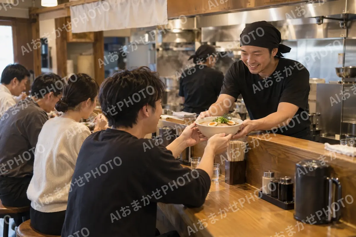 ラーメンの店のカウンターでにぎわうお客様たち（ラーメン・つけ麺・中華そばの写真 No.24）