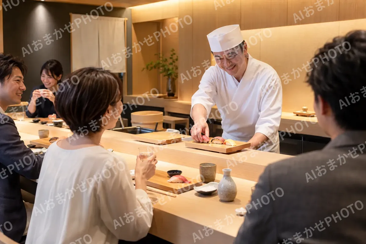 寿司屋のカウンターでにぎわうお客様たち（寿司・鮨の写真 No.24）
