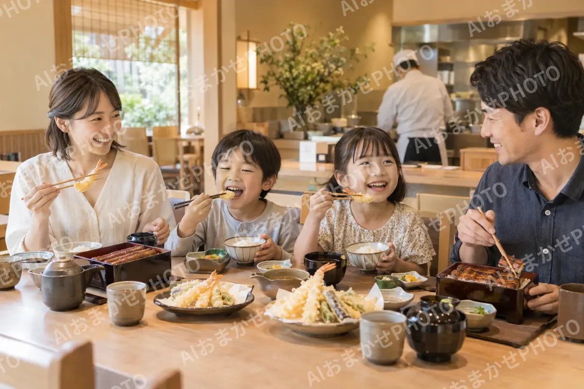 家族でうなぎと天ぷらを食べる様子（天ぷら・うなぎの写真 No.24）