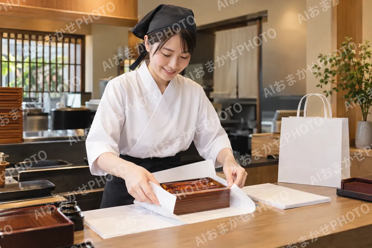 持ち帰りのうなぎを包む店員（天ぷら・うなぎの写真 No.26）