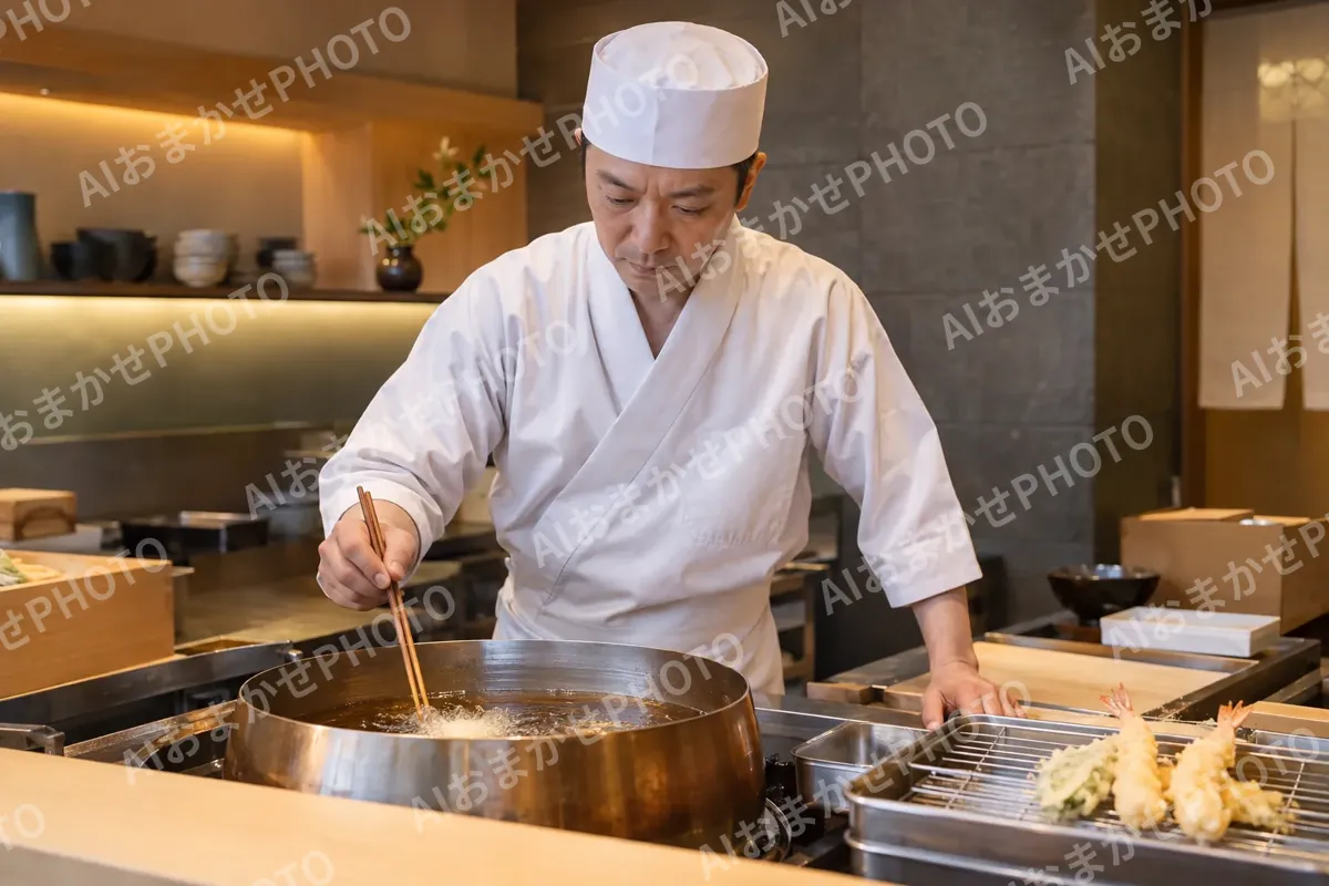 天ぷらの油の温度を見る職人（天ぷら・うなぎの写真 No.29）
