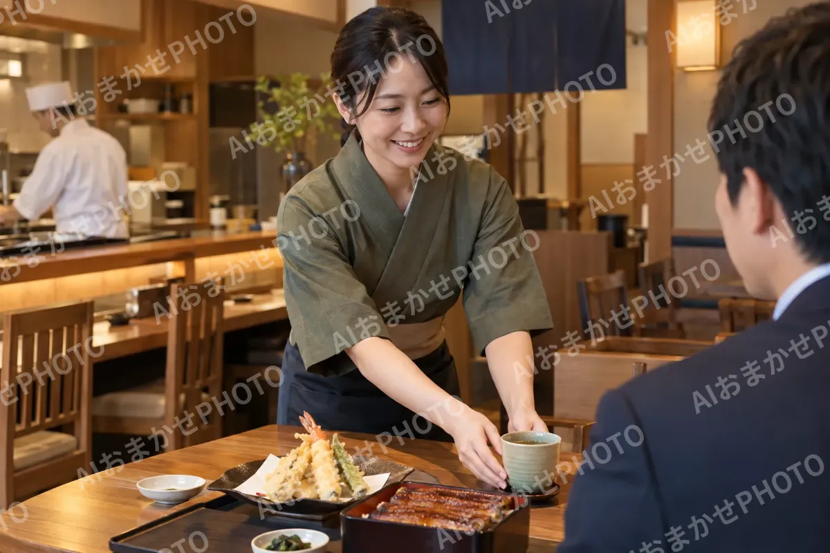 天ぷらとうなぎの店でお茶を出す店員（天ぷら・うなぎの写真 No.31）