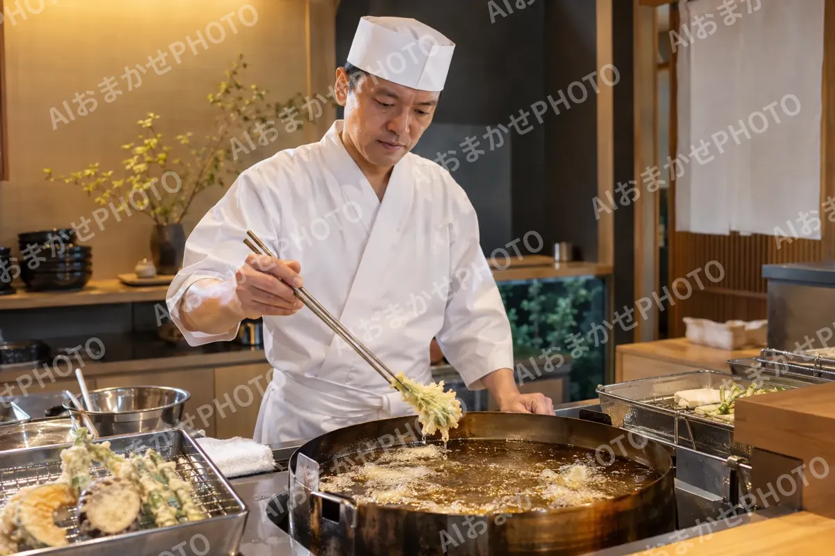 野菜の天ぷらを揚げる職人（天ぷら・うなぎの写真 No.32）