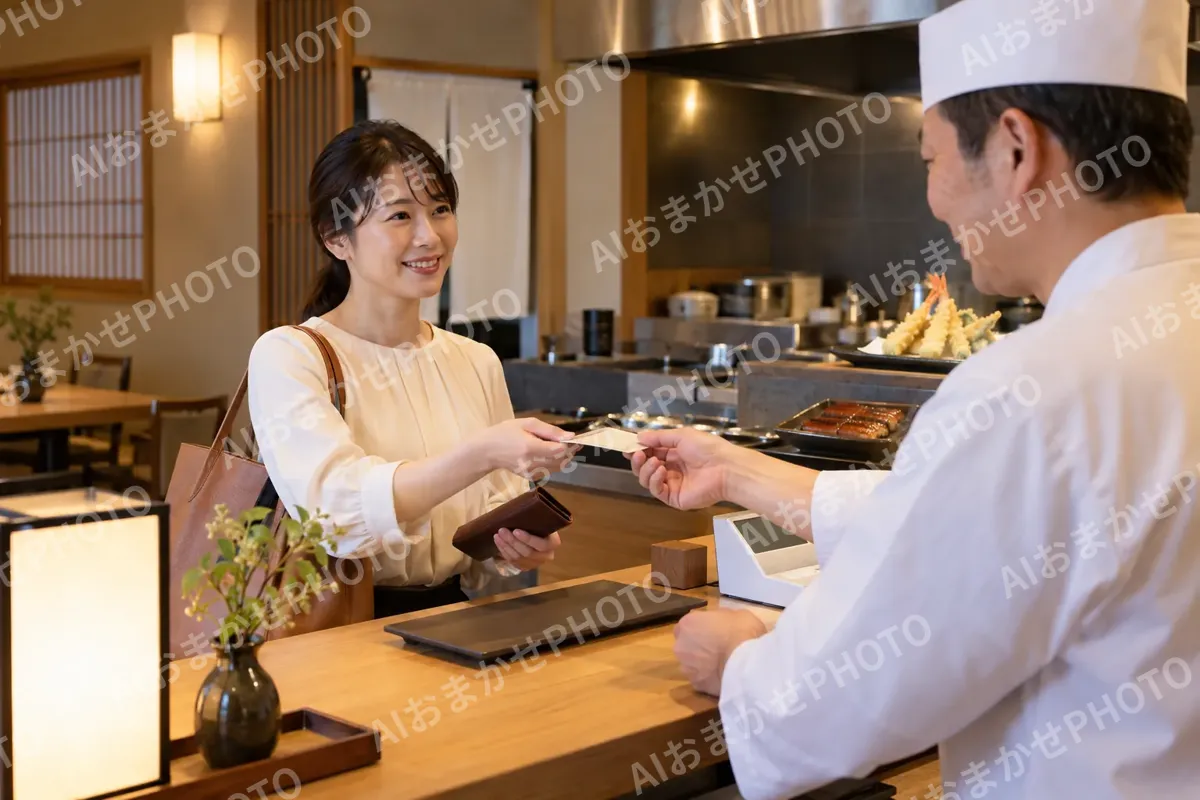 天ぷらとうなぎの店で代金を払うお客様（天ぷら・うなぎの写真 No.33）
