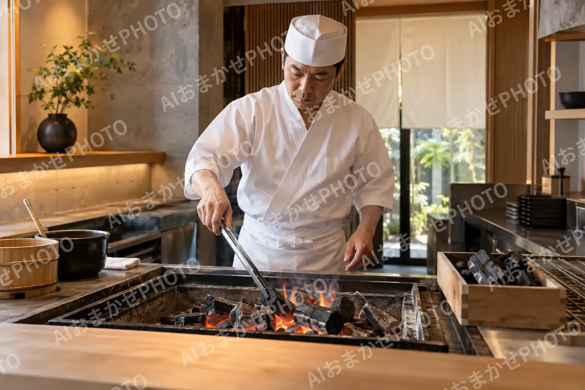開店前にうなぎを焼く炭をおこす職人（天ぷら・うなぎの写真 No.35）