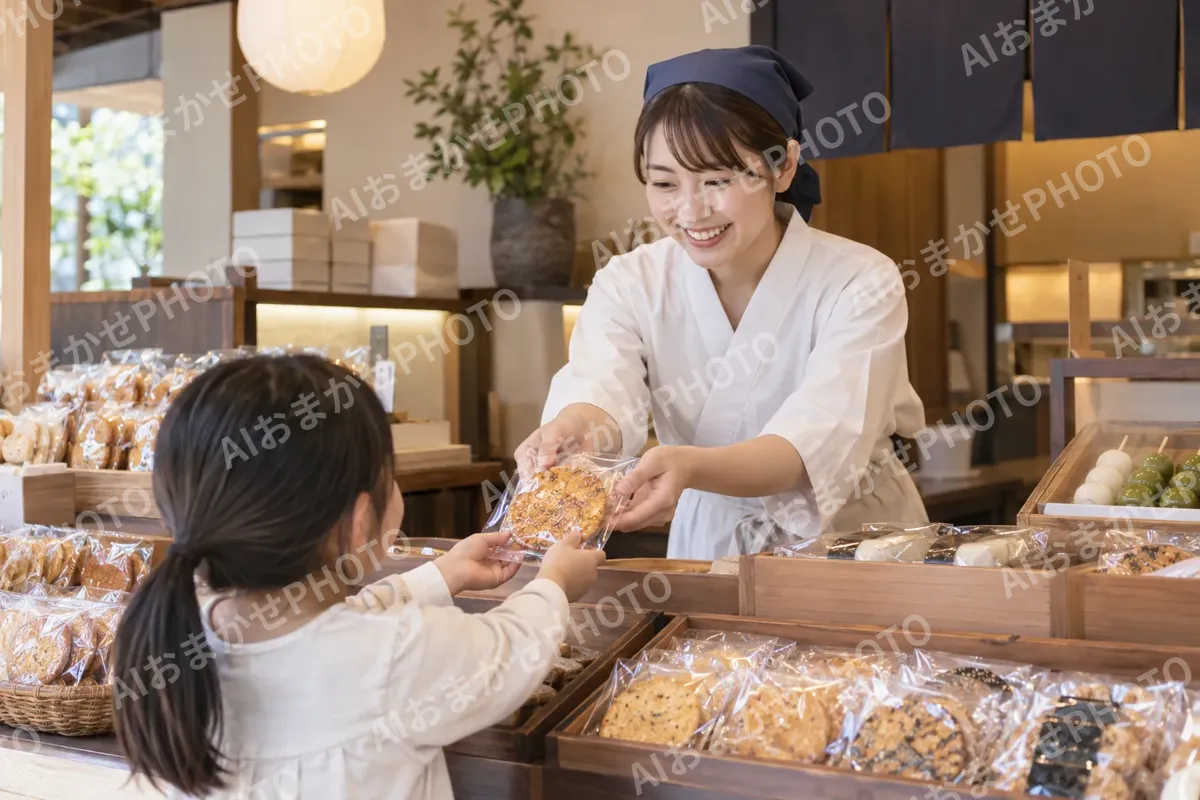 子どもにせんべいを手渡す店員（和菓子・団子・せんべいの写真 No.26）