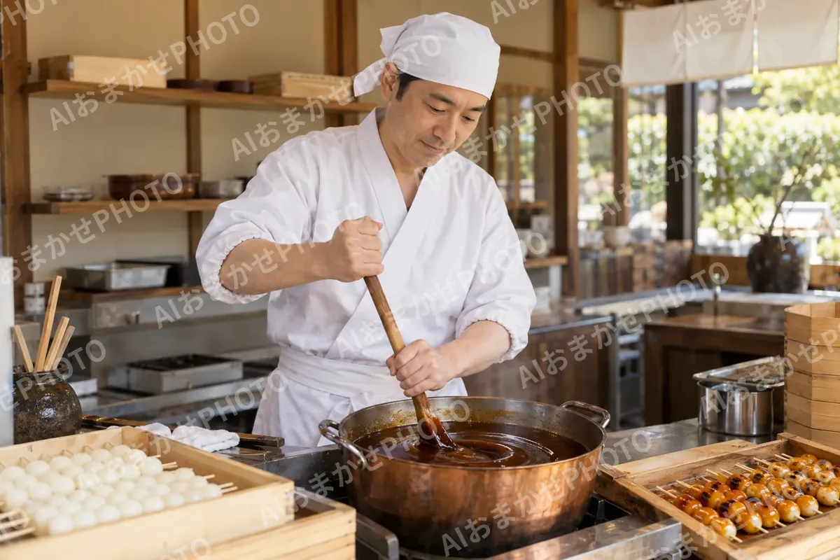 みたらし団子のたれを作る職人（和菓子・団子・せんべいの写真 No.27）