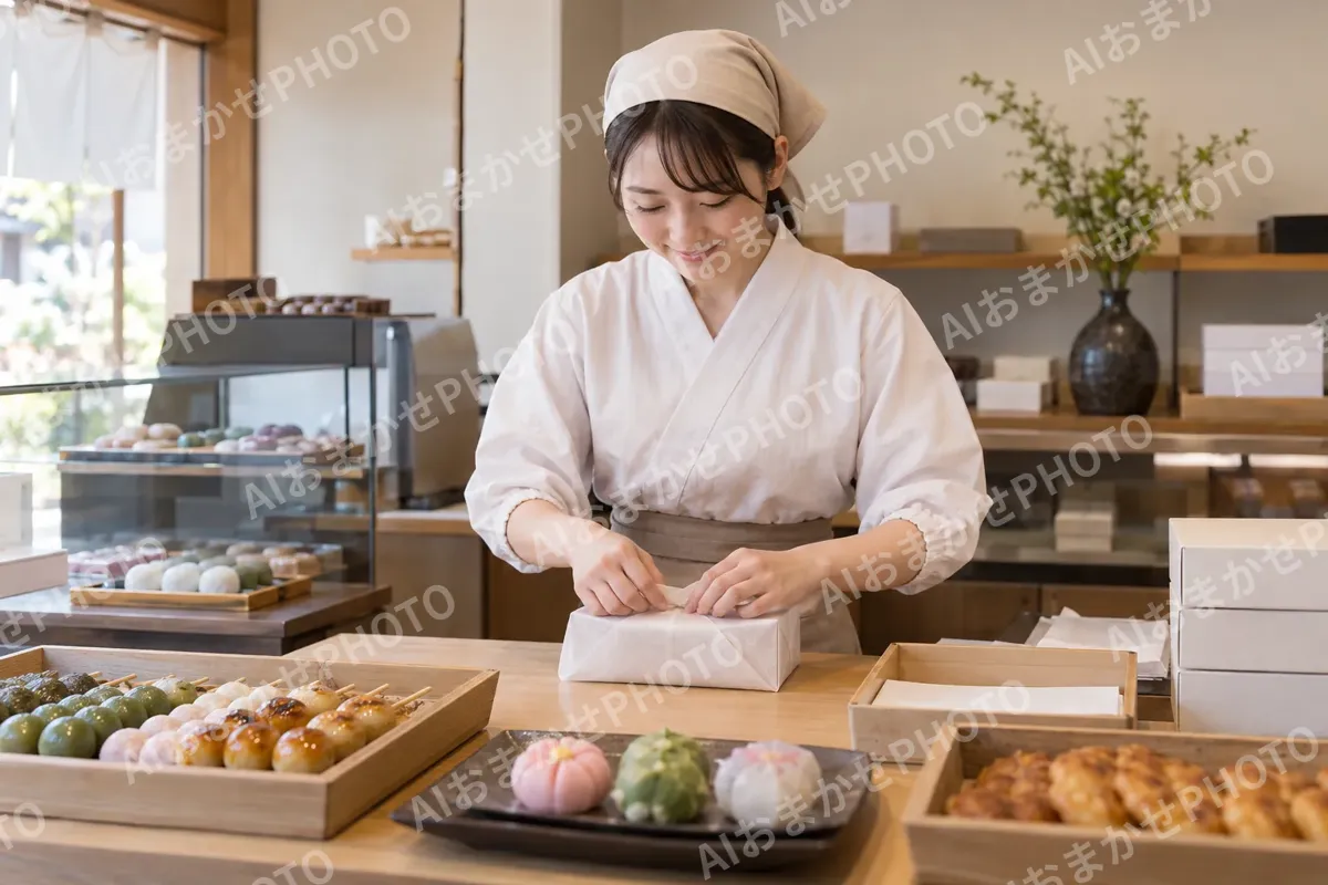 和菓子を包装紙で包む店員（和菓子・団子・せんべいの写真 No.28）
