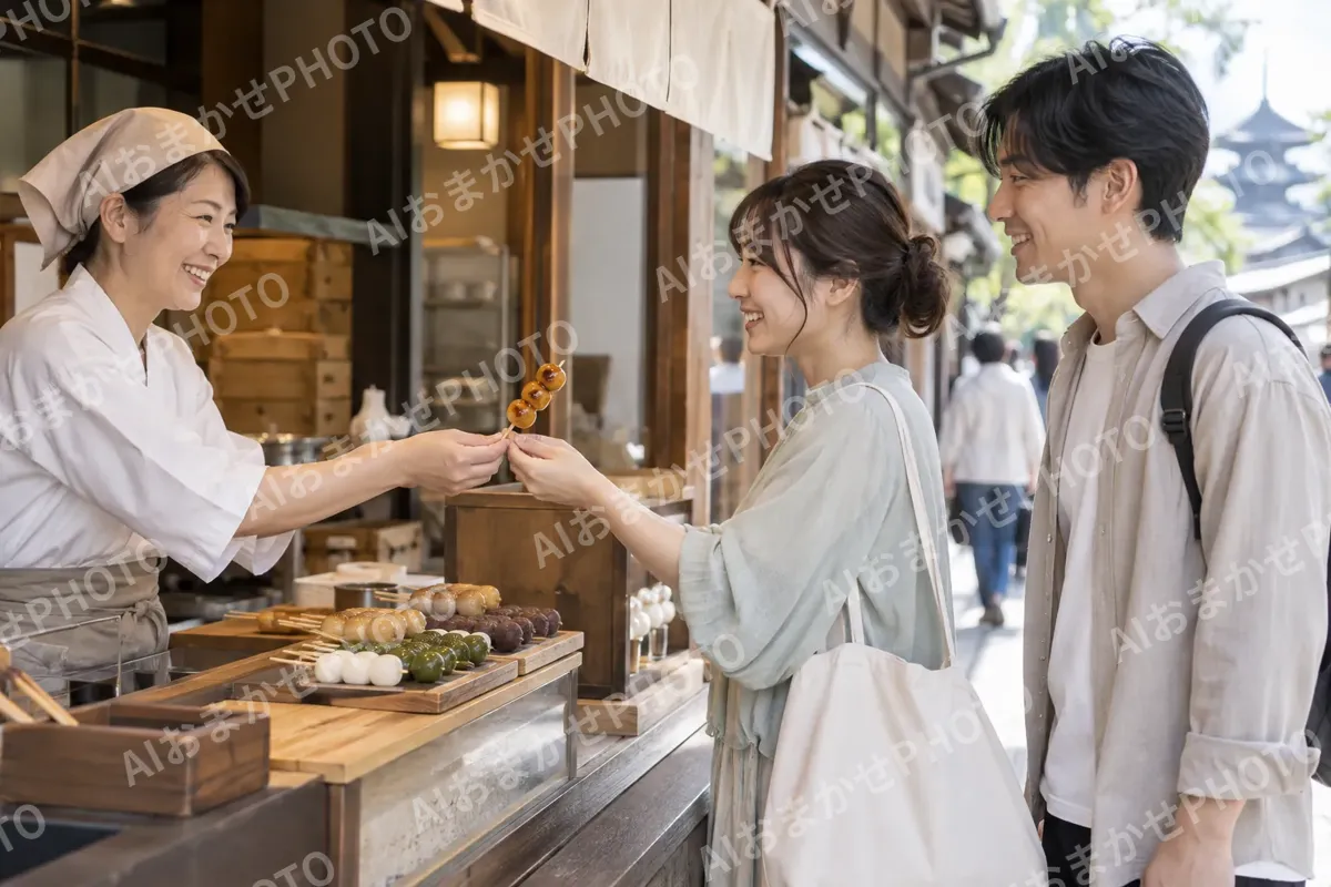 観光地の店で団子を買う旅行者（和菓子・団子・せんべいの写真 No.29）