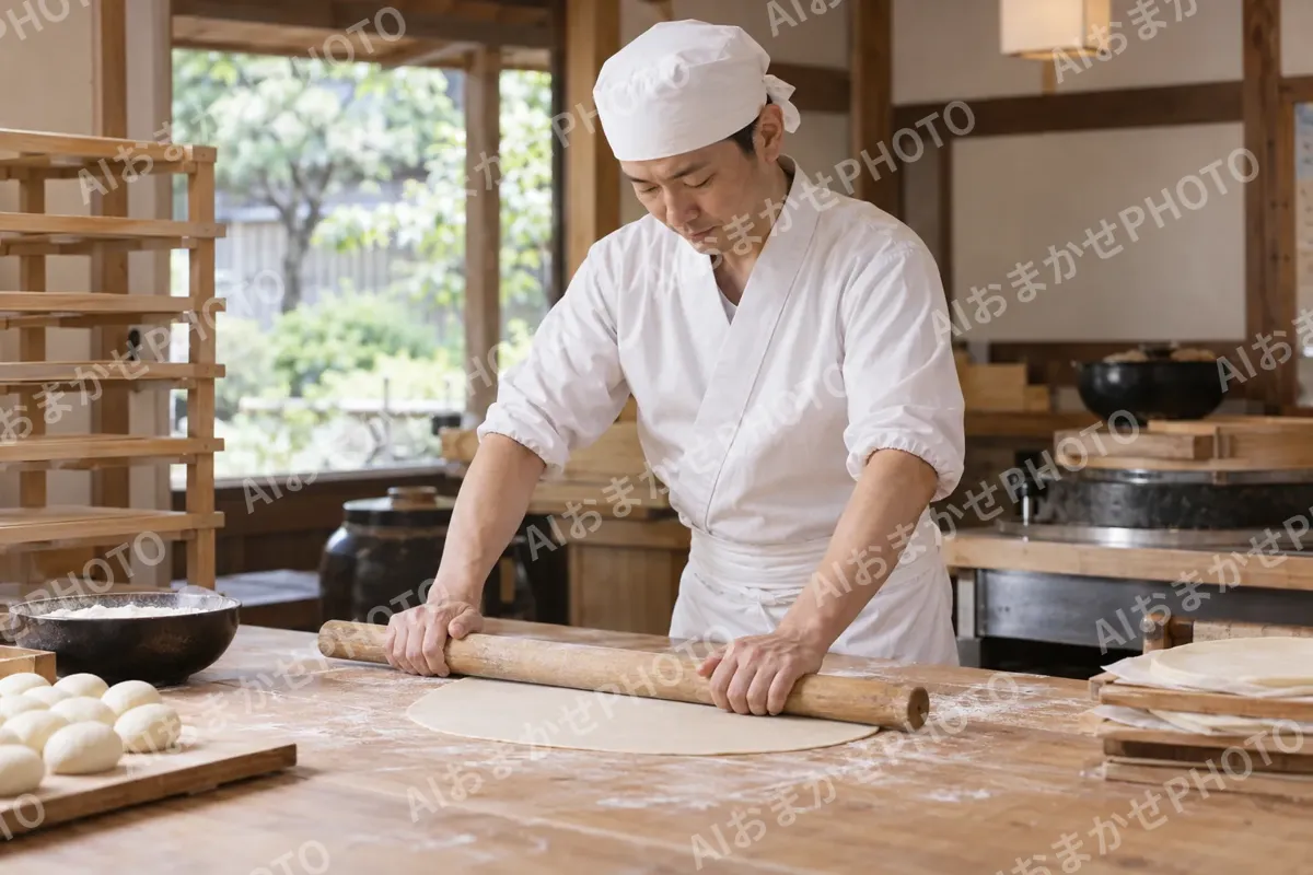 せんべいの生地をのばす職人（和菓子・団子・せんべいの写真 No.30）