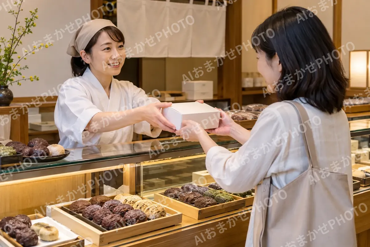 お彼岸のおはぎを買いに来たお客様（和菓子・団子・せんべいの写真 No.31）