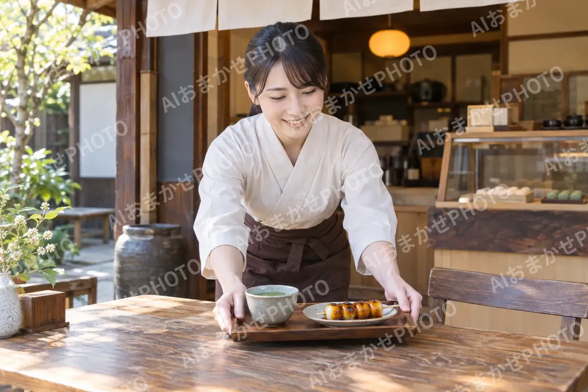 店先で団子と一緒にお茶を出す店員（和菓子・団子・せんべいの写真 No.32）