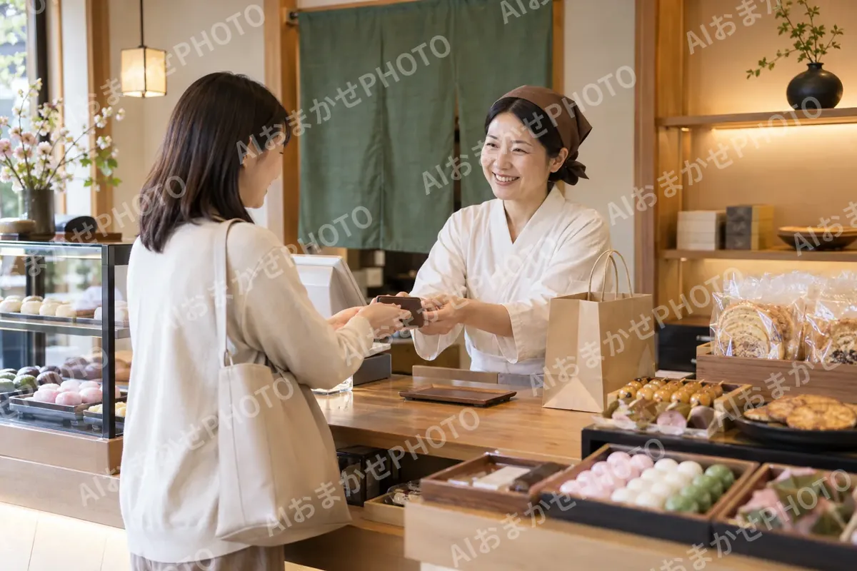 和菓子とせんべいの店で代金を払うお客様（和菓子・団子・せんべいの写真 No.34）