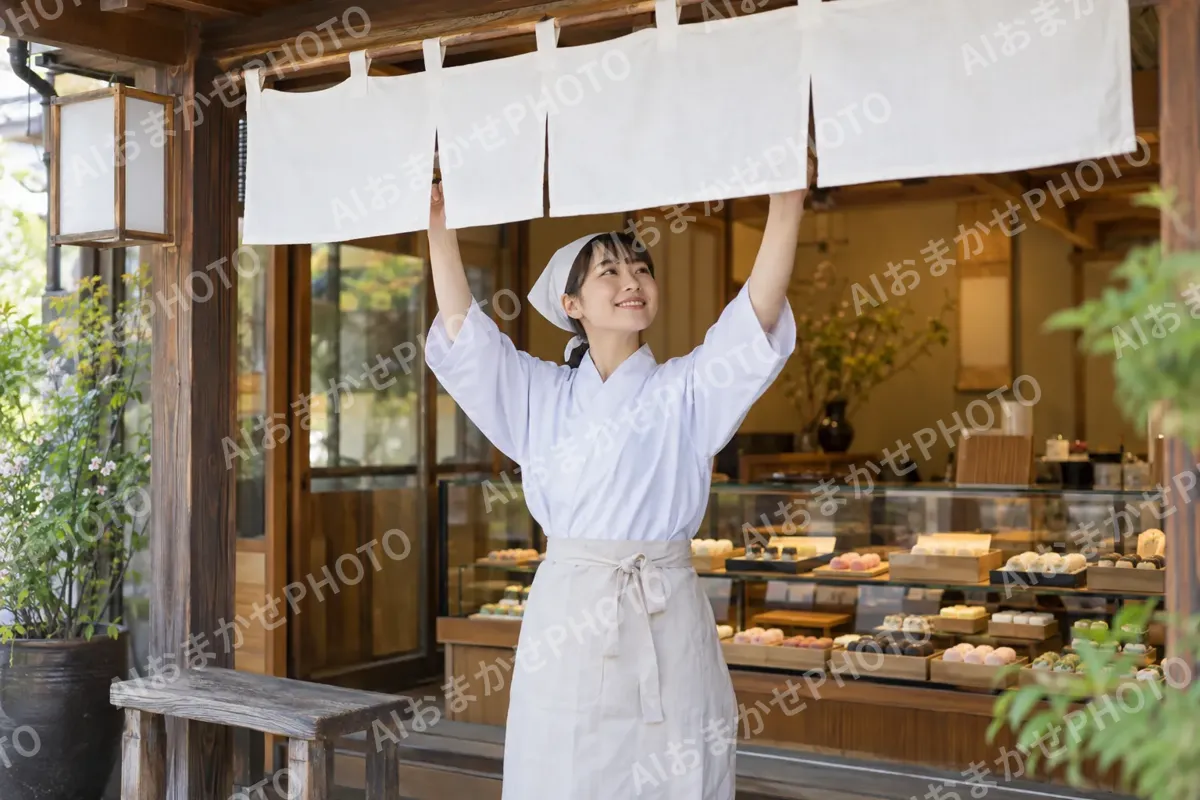 のれんをかけて開店の準備をする和菓子の店の店員（和菓子・団子・せんべいの写真 No.35）