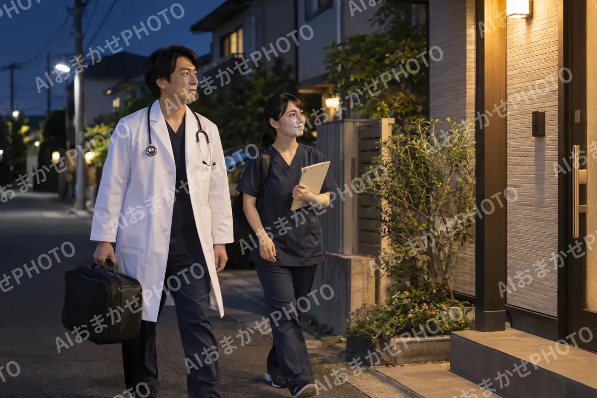 夜に患者さんの家へ向かう医師と看護師（訪問看護・訪問診療の写真 No.24）