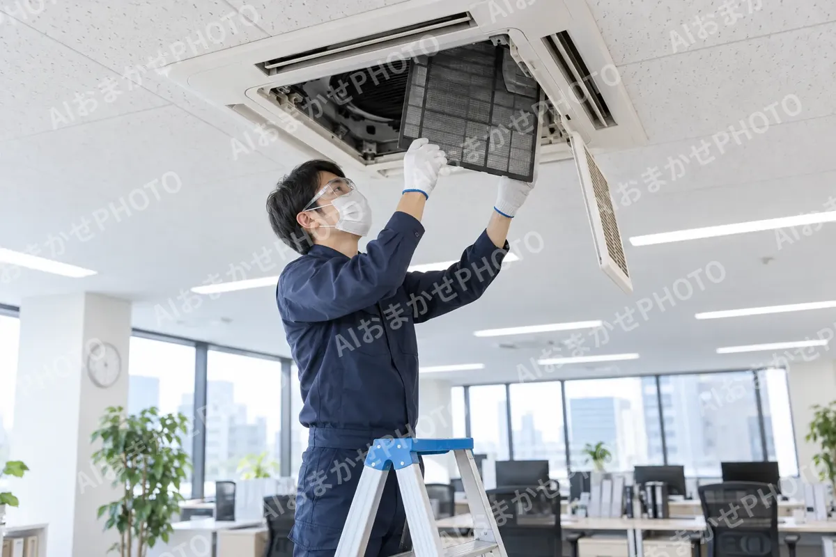 オフィスの天井のエアコンのフィルターを外すスタッフ（エアコンクリーニングの写真 No.26）