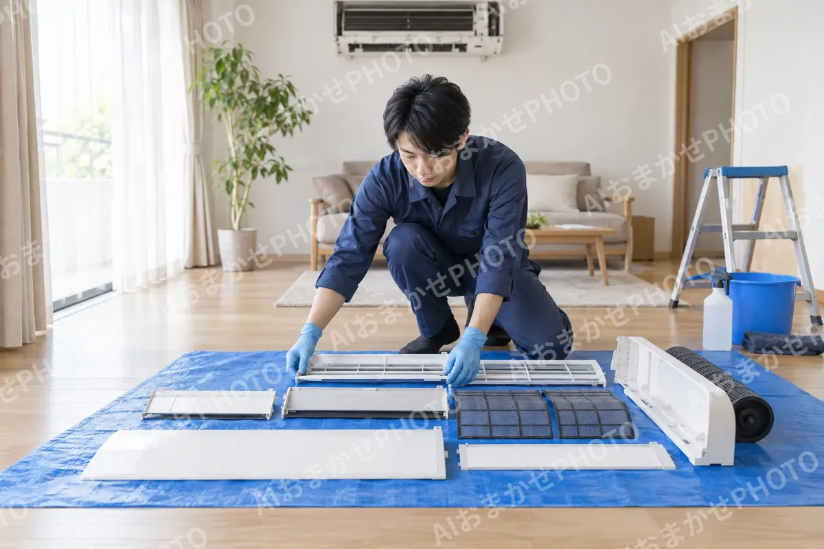 外した部品を順番に床に並べるスタッフ（エアコンクリーニングの写真 No.30）
