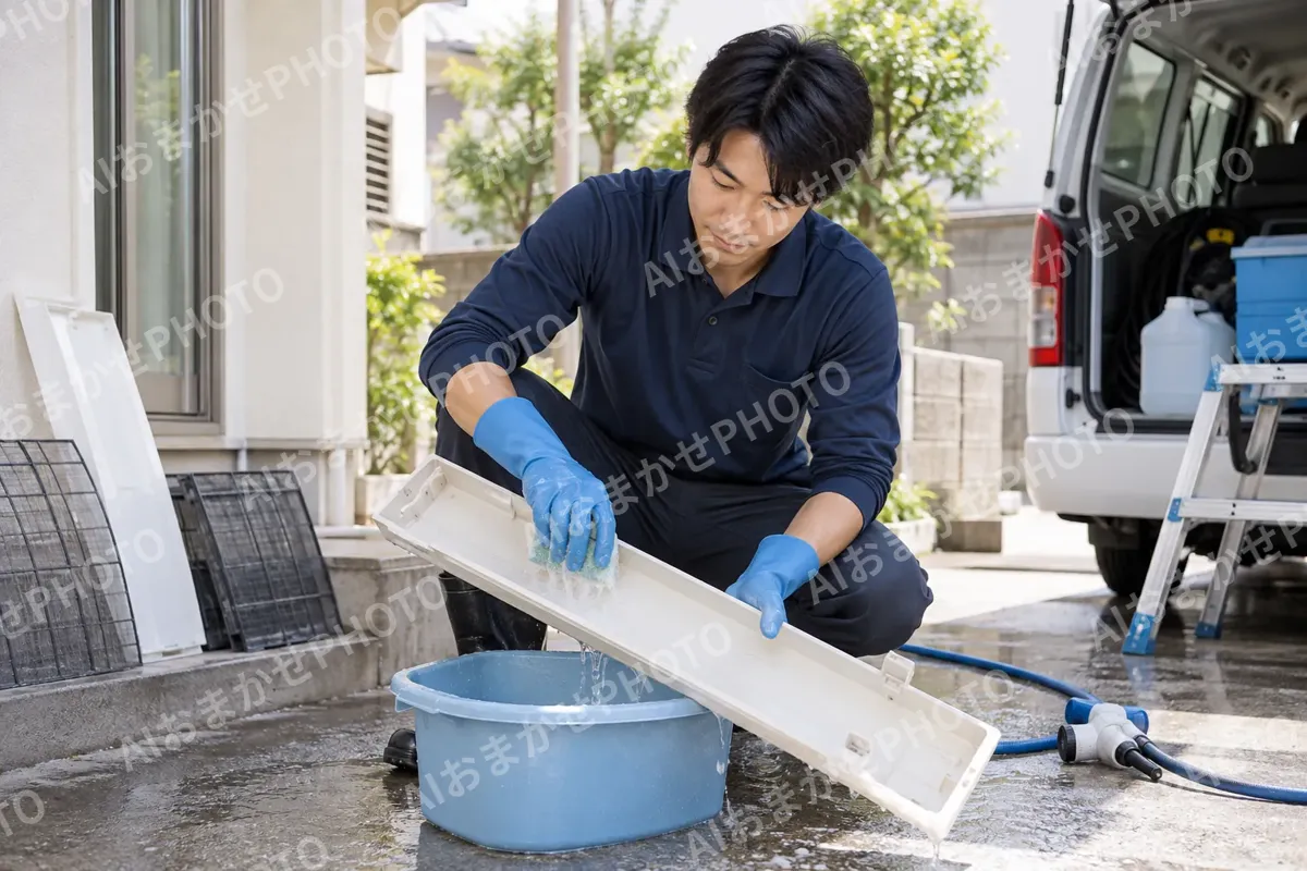水受けの皿を洗うスタッフ（エアコンクリーニングの写真 No.31）