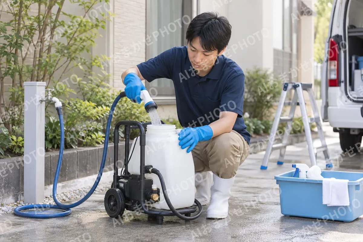 洗浄機のタンクに水を入れるスタッフ（エアコンクリーニングの写真 No.34）