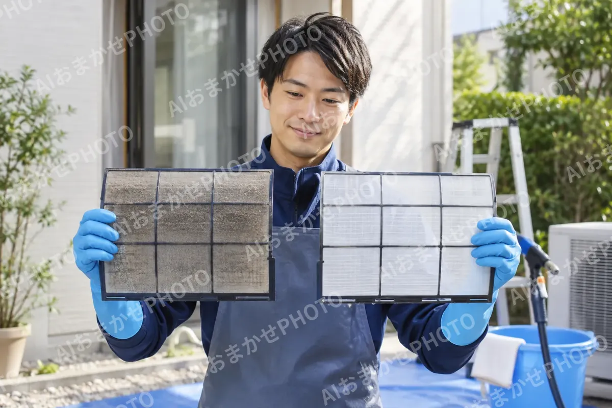 洗う前と洗った後のフィルター（エアコンクリーニングの写真 No.42）