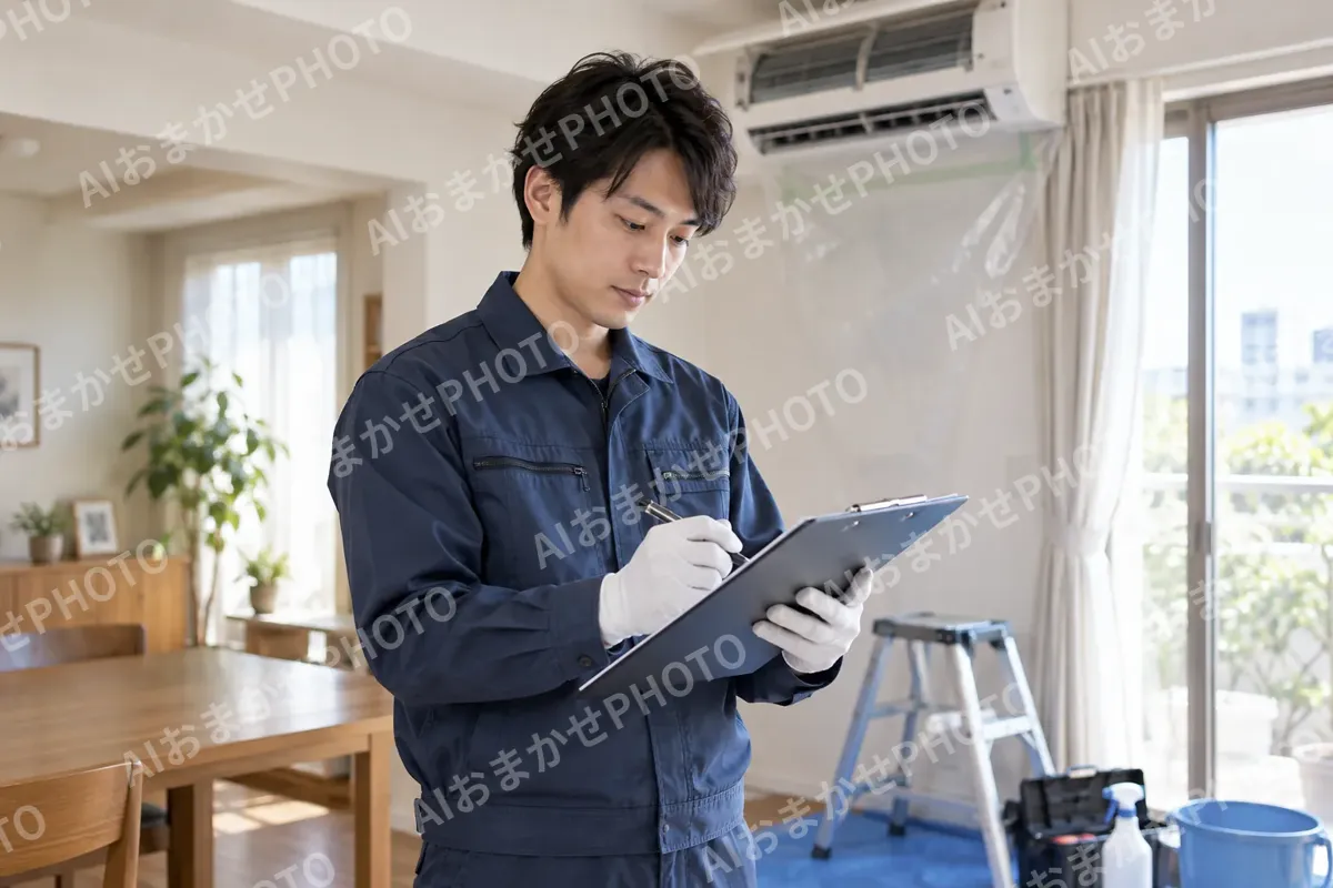 作業の報告書を書くスタッフ（エアコンクリーニングの写真 No.44）