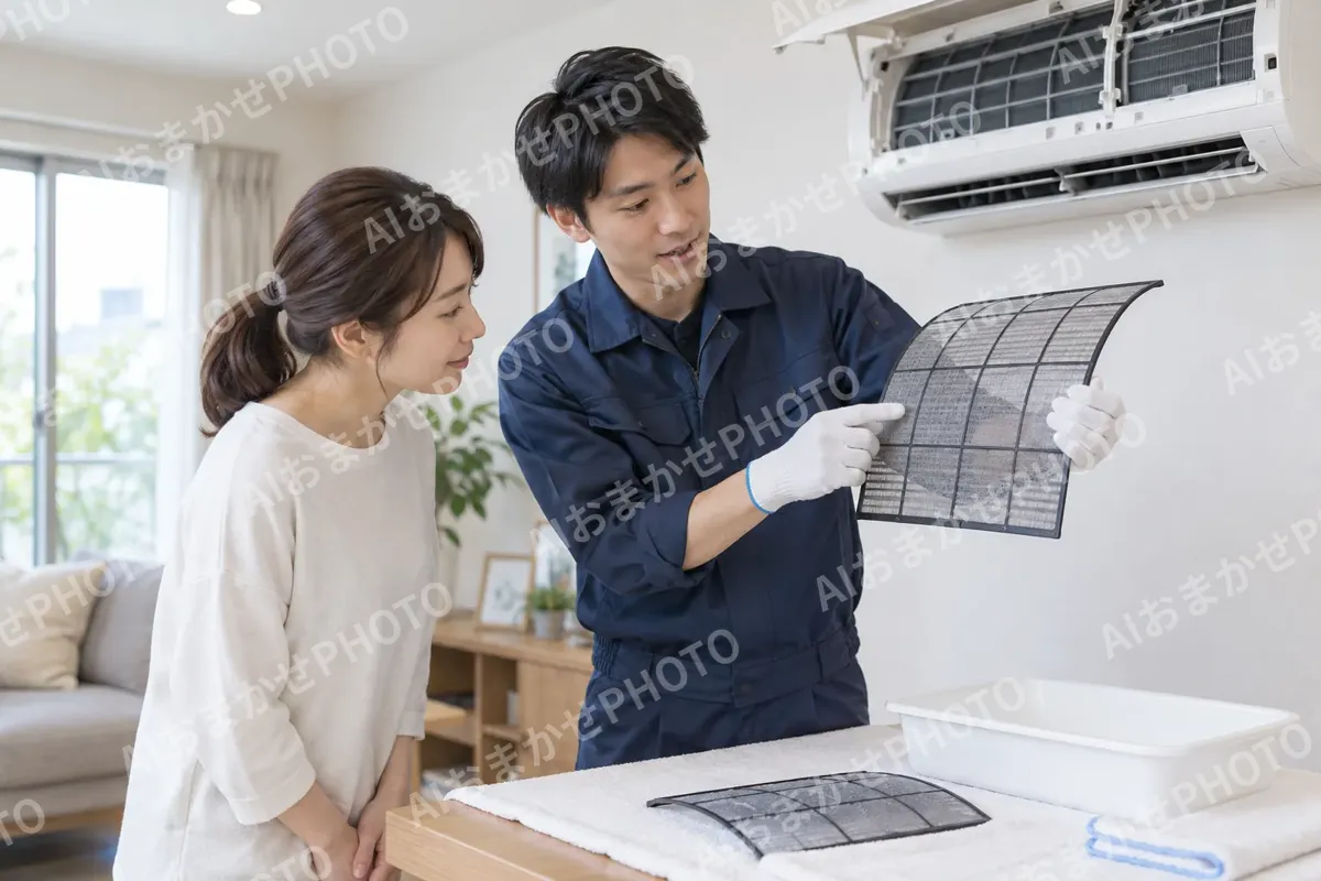 お客様にフィルターの手入れを教えるスタッフ（エアコンクリーニングの写真 No.45）