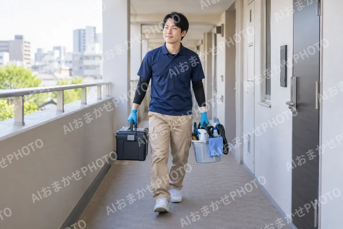 マンションの廊下を道具を持って歩くスタッフ（エアコンクリーニングの写真 No.46）