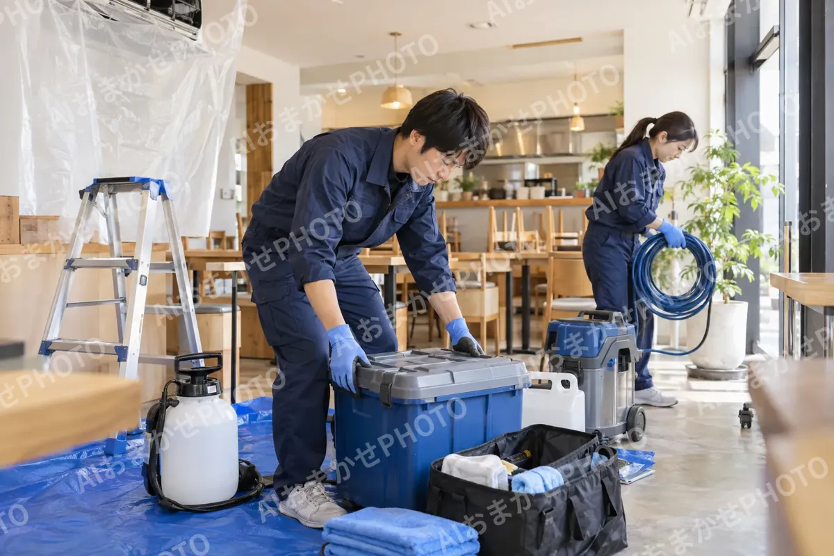 店舗の作業を終えて機材を片づけるスタッフたち（エアコンクリーニングの写真 No.47）