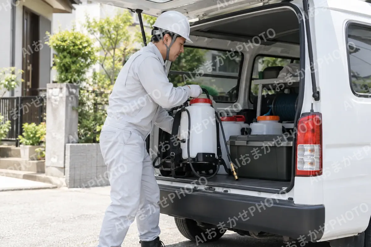 作業車に噴霧器を積む作業員（害虫・害獣駆除の写真 No.46）