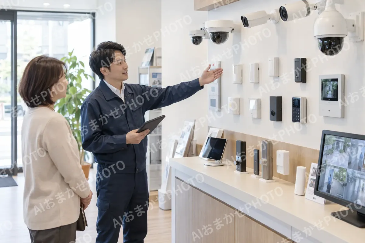 防犯カメラやセンサーが並んだ店の展示（鍵・防犯の写真 No.47）