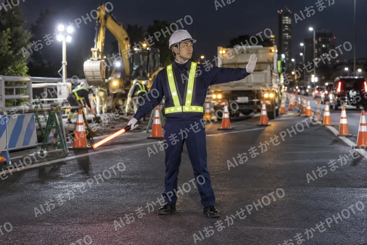夜の道路工事で光るベストを着て立つ警備員（警備・セキュリティの写真 No.27）