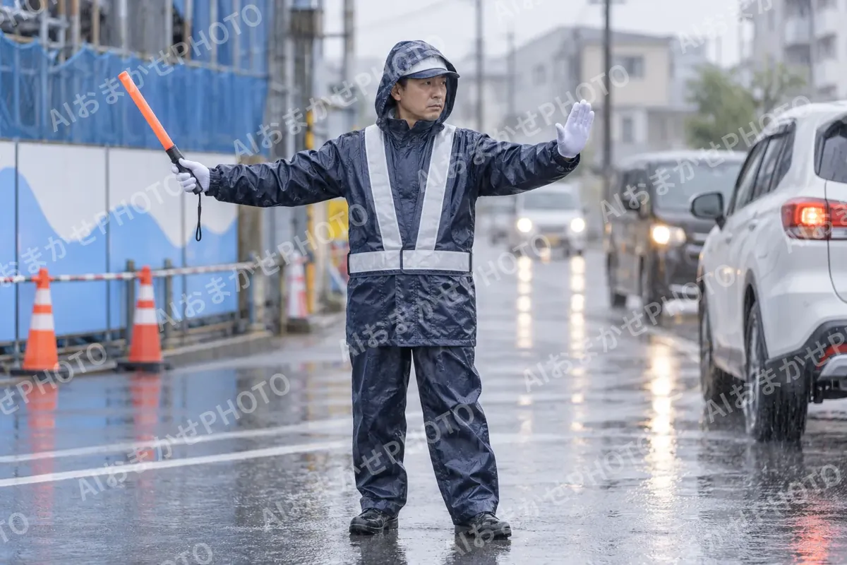 雨の中でかっぱを着て誘導する警備員（警備・セキュリティの写真 No.28）