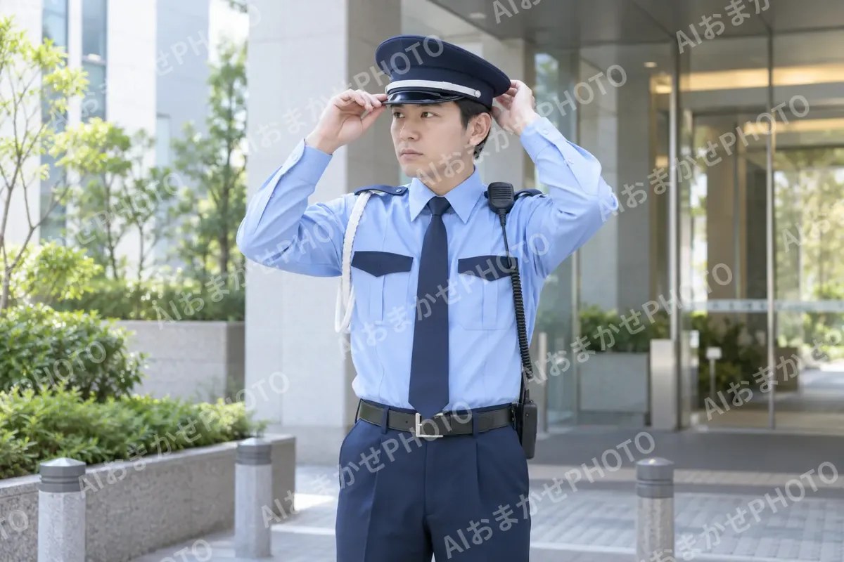 制服の帽子をかぶり直す警備員（警備・セキュリティの写真 No.29）
