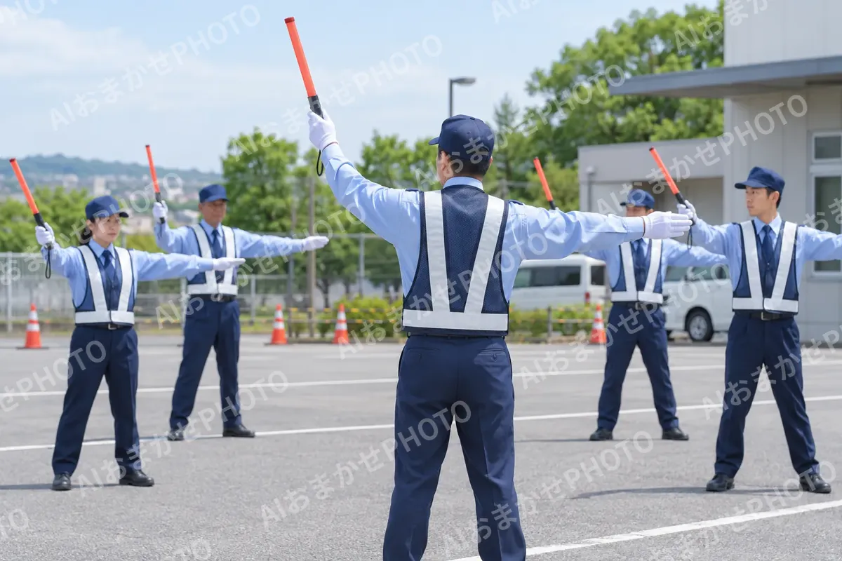 研修で誘導の合図を練習する警備員たち（警備・セキュリティの写真 No.31）