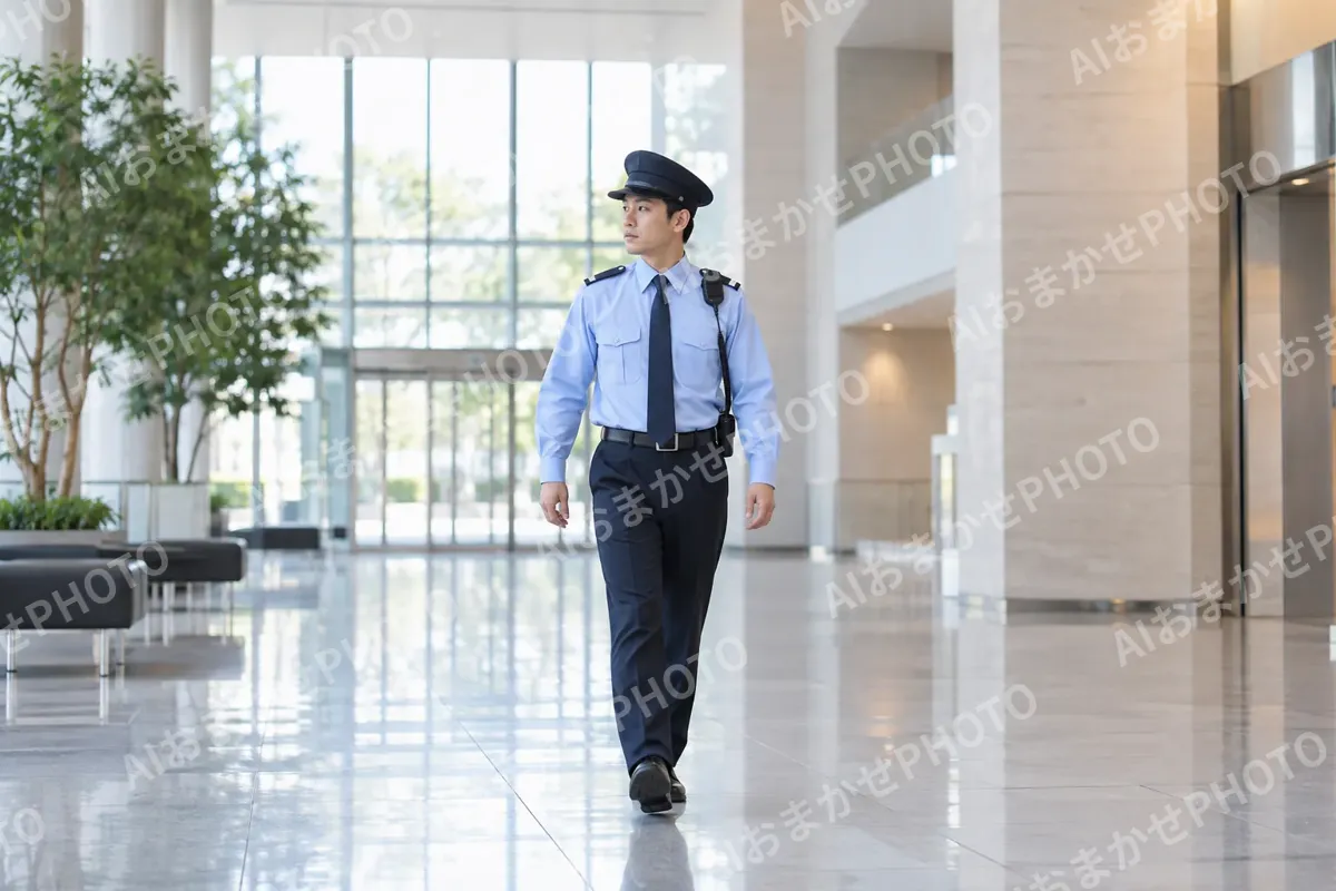 広い施設のロビーを見回る警備員（警備・セキュリティの写真 No.36）