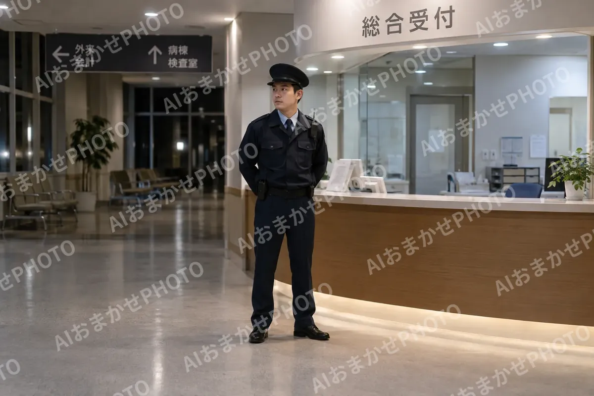 病院の夜間の受付に立つ警備員（警備・セキュリティの写真 No.37）