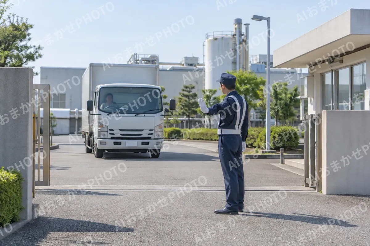 工場の門で車の出入りを確かめる警備員（警備・セキュリティの写真 No.38）