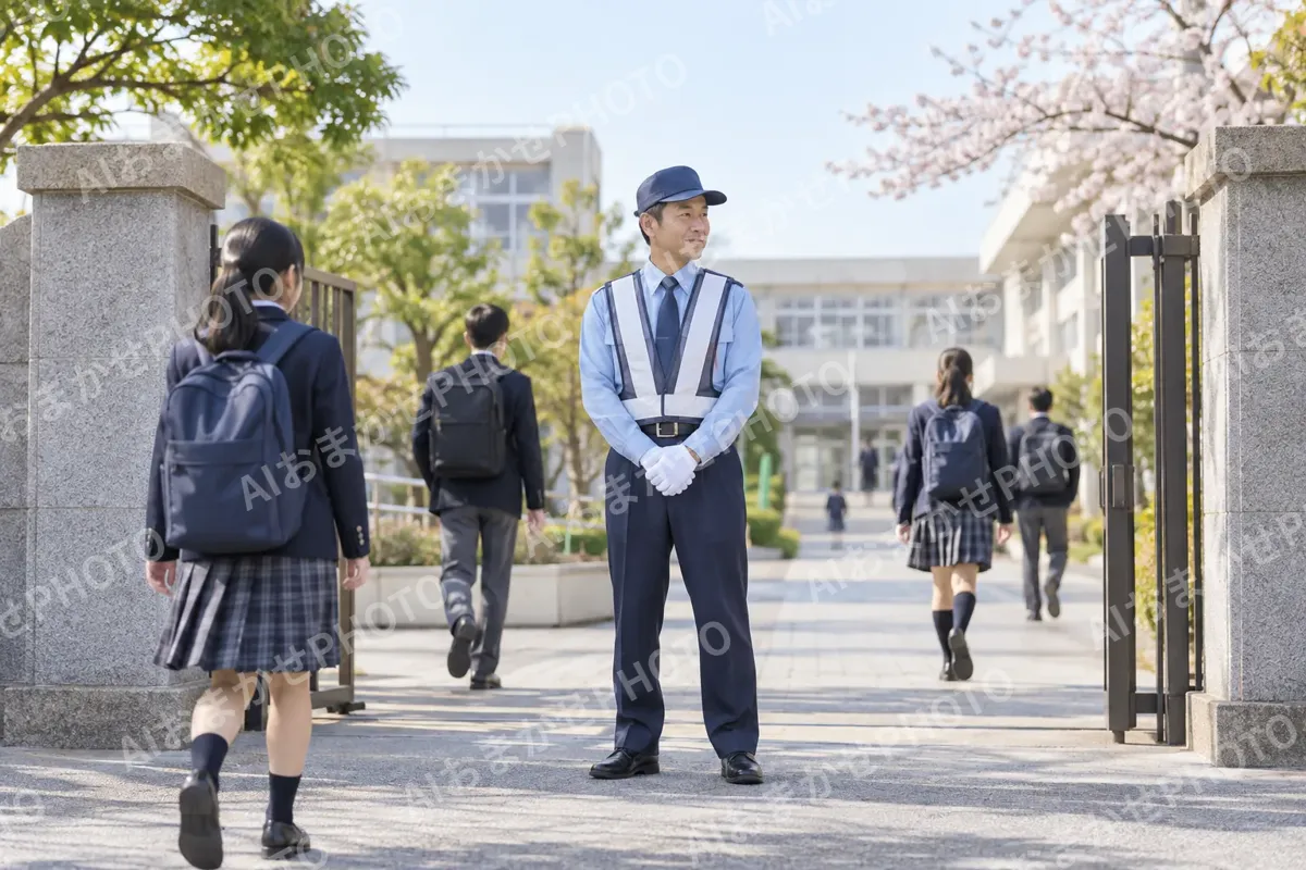 学校の門で登校を見守る警備員（警備・セキュリティの写真 No.39）